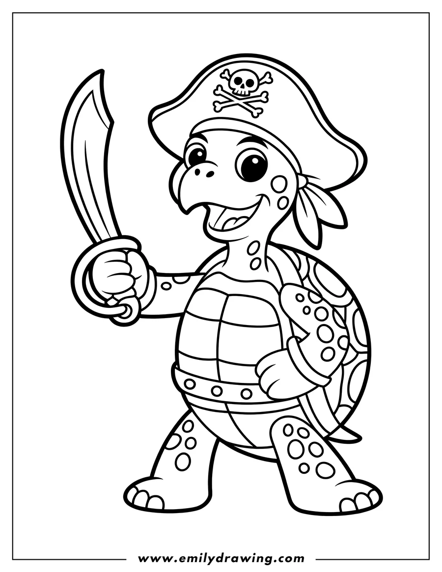 Line art of a cheerful pirate turtle holding a sword. It's wearing a pirate hat with a skull and crossbones.