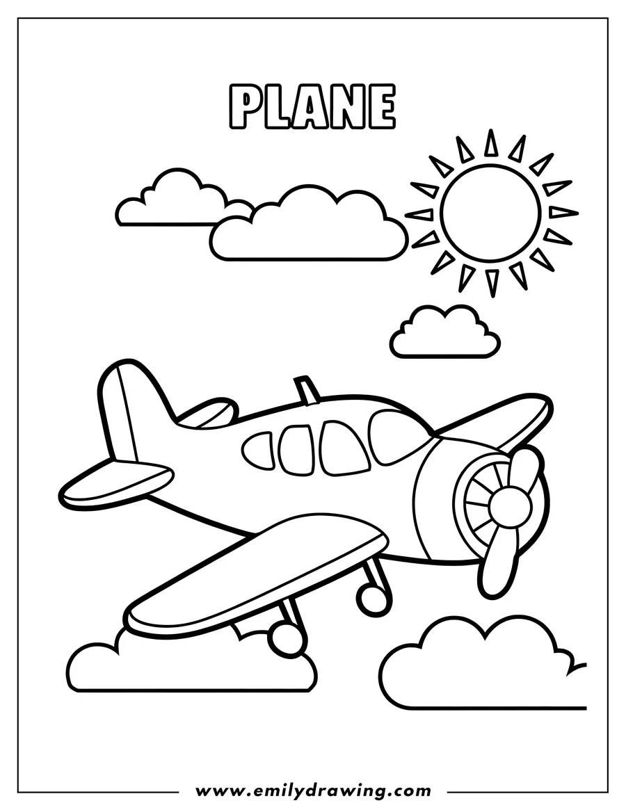 Outline of a plane with a propeller flying in the sky amongst clouds and a shining sun.
