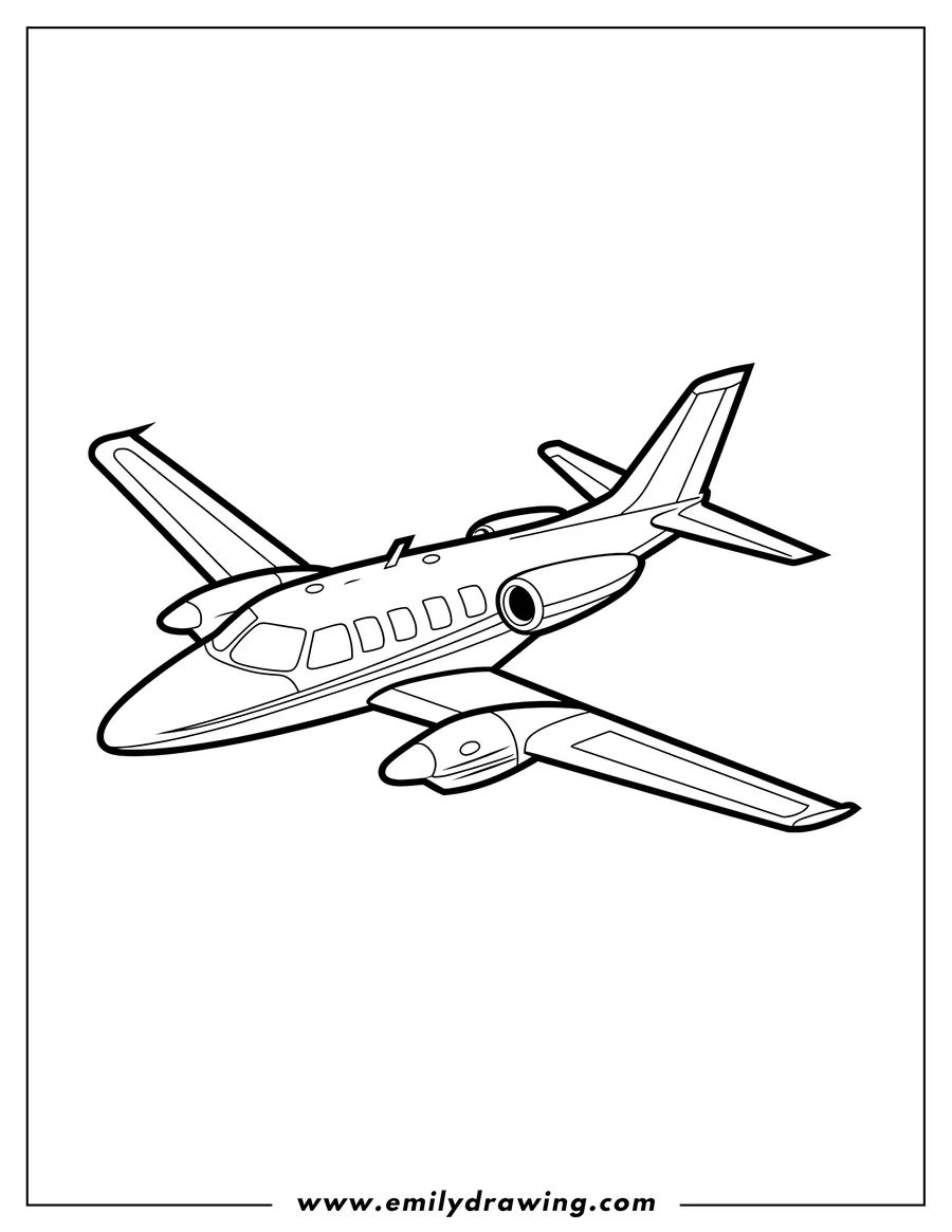 Line art of a plane in flight. It has multiple windows and engines.