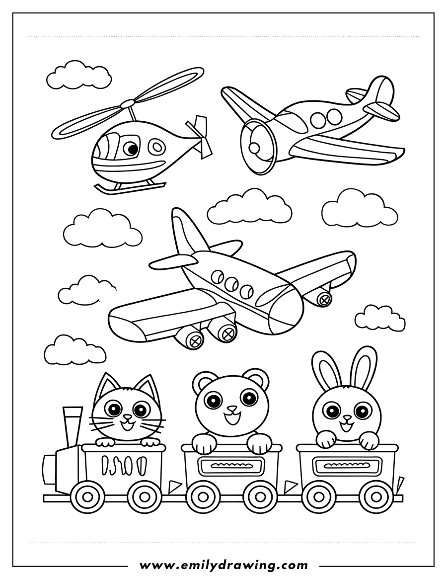 Line art illustration featuring two planes, a helicopter, and a train carrying a cat, bear, and rabbit. Perfect for a whimsical coloring activity.