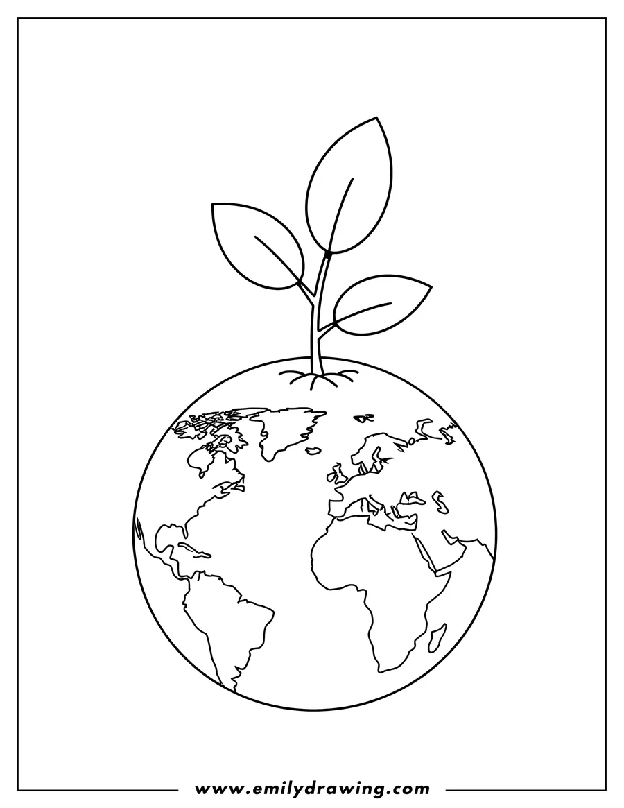 Line art of a small plant growing on planet Earth, representing environmental awareness.