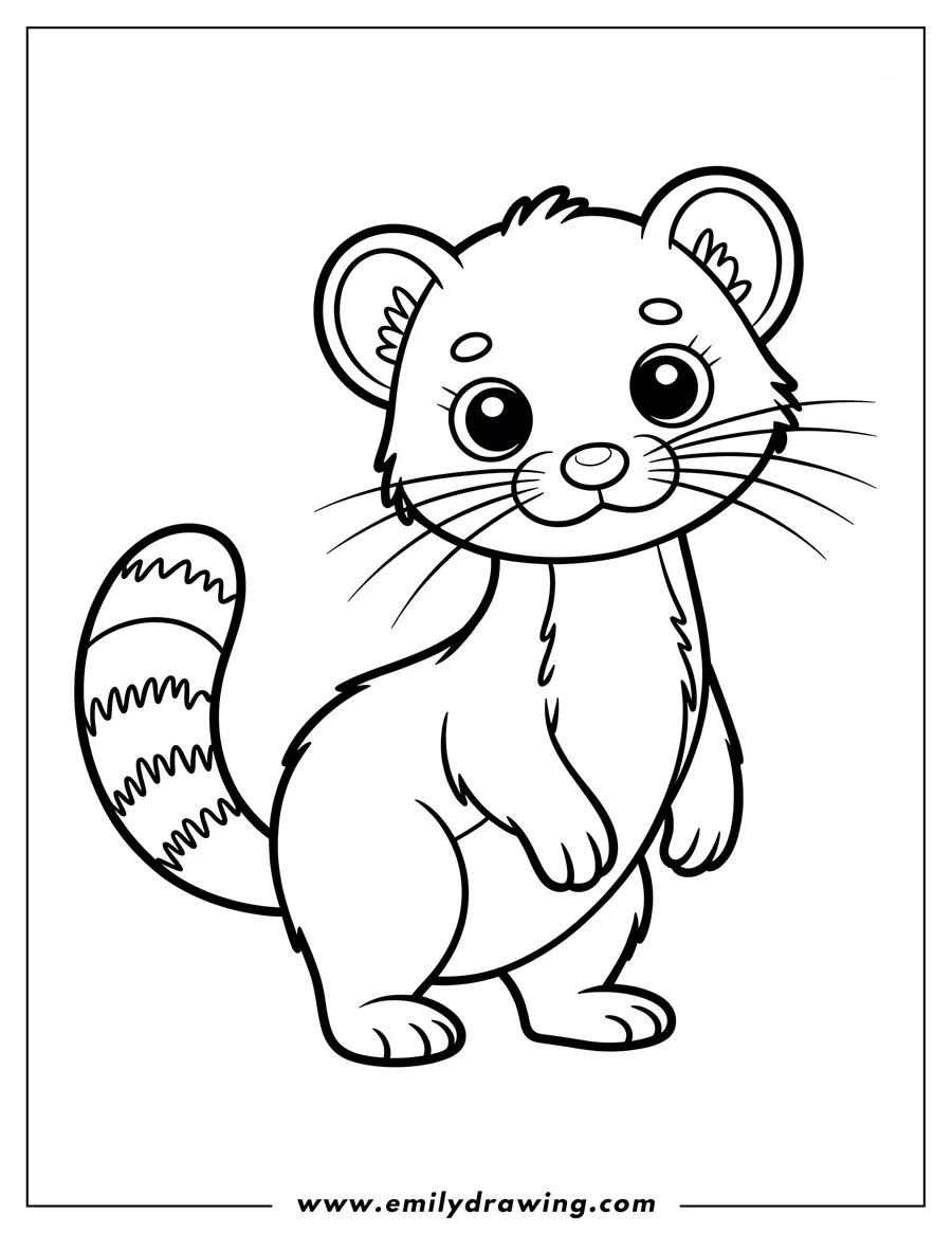 Outline of a playful ferret standing on its hind legs, with a distinctive striped tail.