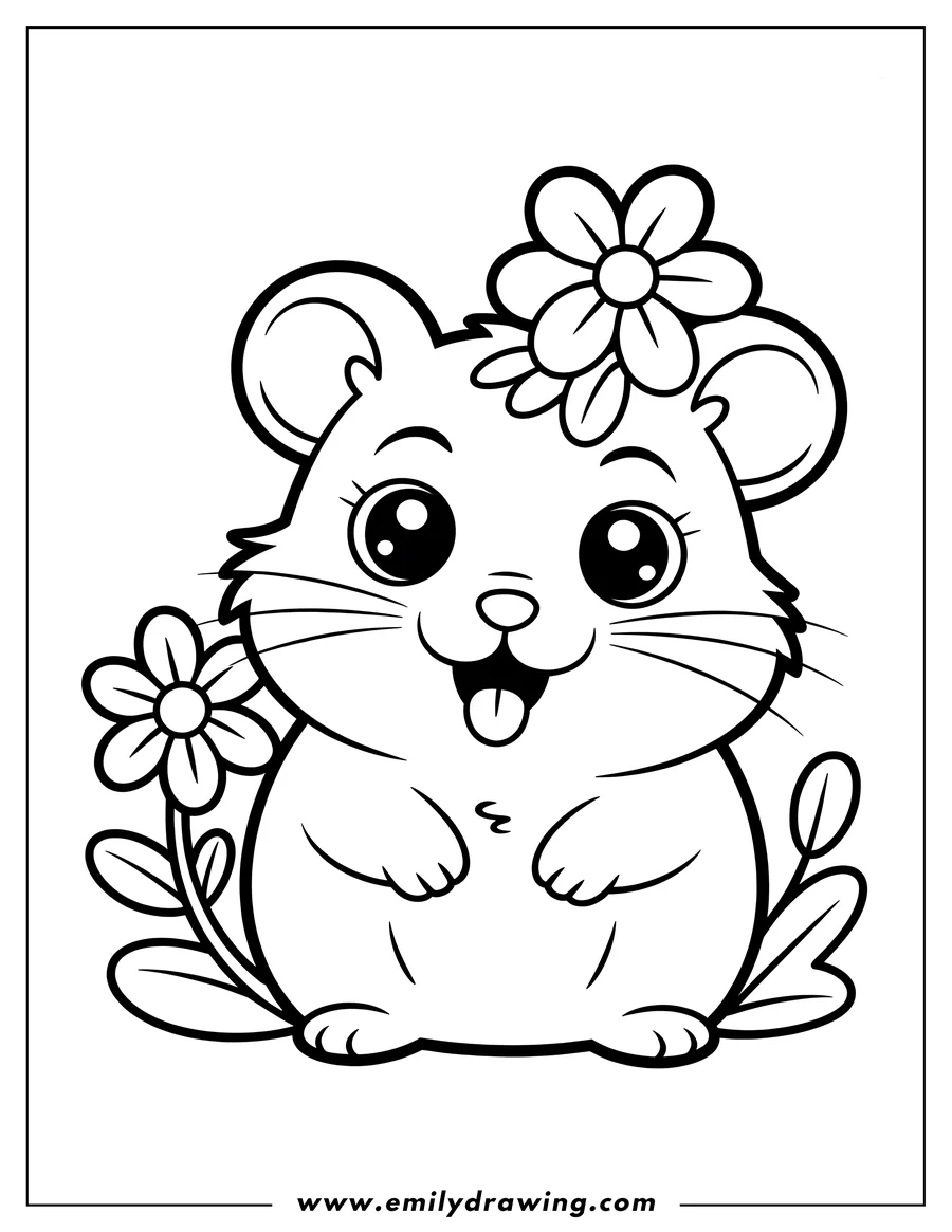 Line art of a playful hamster with its tongue sticking out, surrounded by simple flowers.