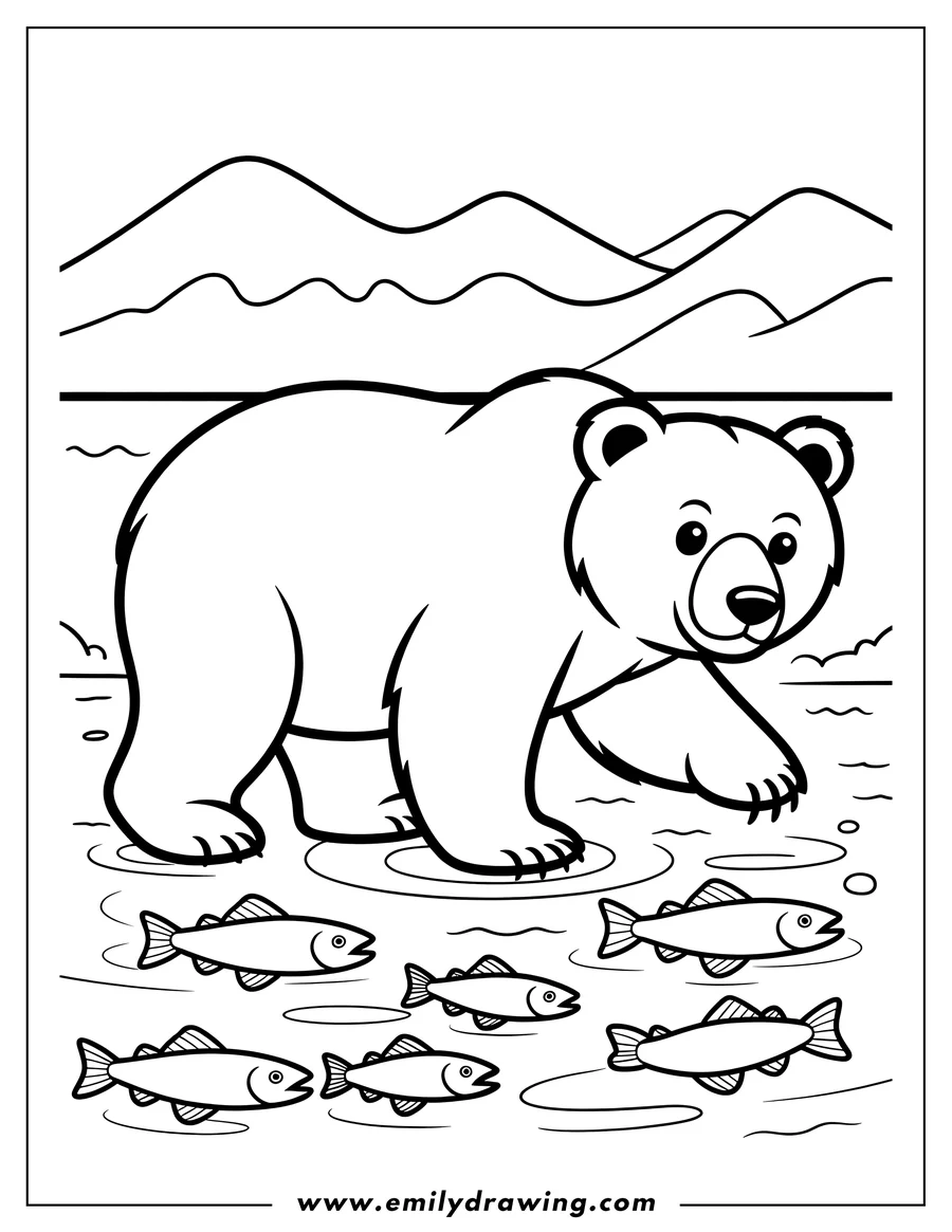 Outline of a polar bear wading in shallow water with several fish swimming nearby.