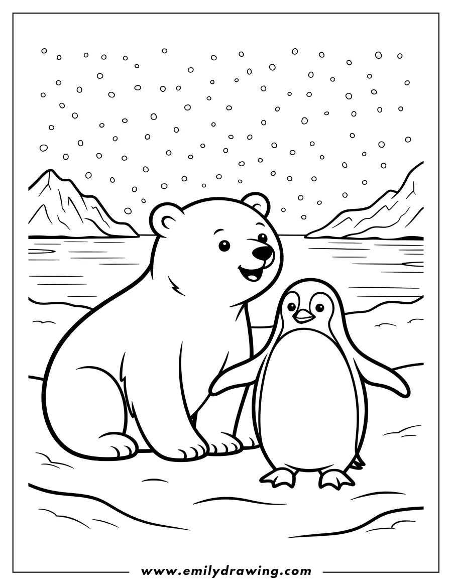 Outline of a polar bear and a penguin standing together on an ice floe in the Arctic. Snow is falling in the background.