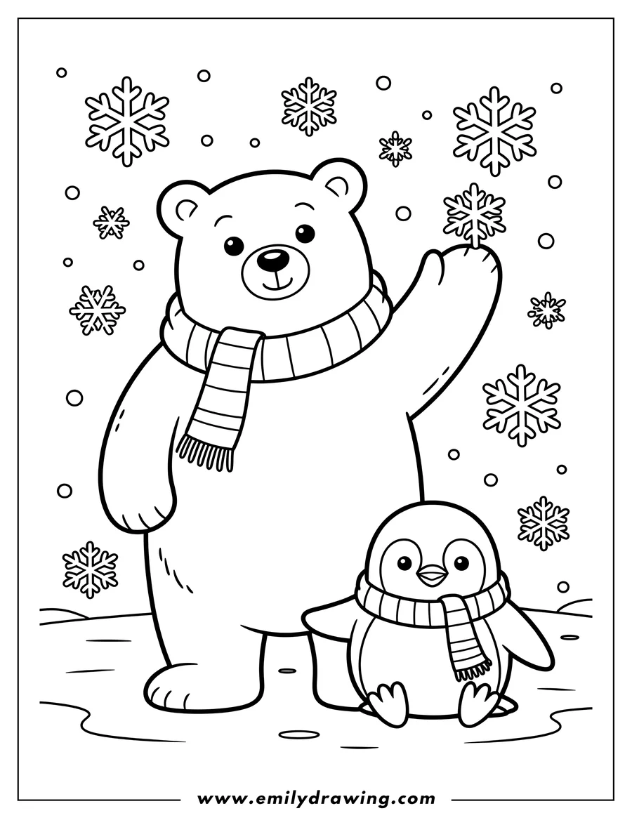 Line art of a polar bear and a penguin wearing scarves in a snowy winter scene.