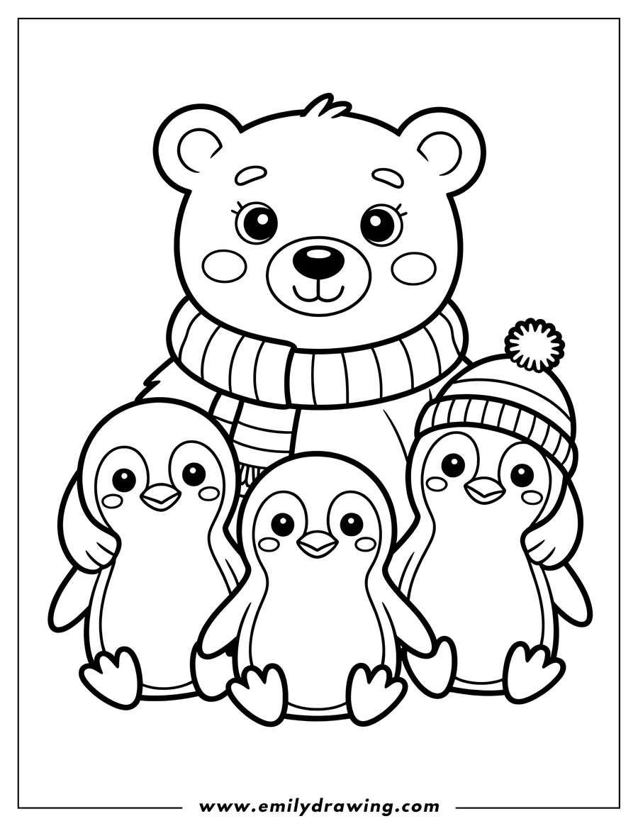 Outline of a polar bear wearing a striped scarf, standing with two penguins, one of which wears a winter hat.