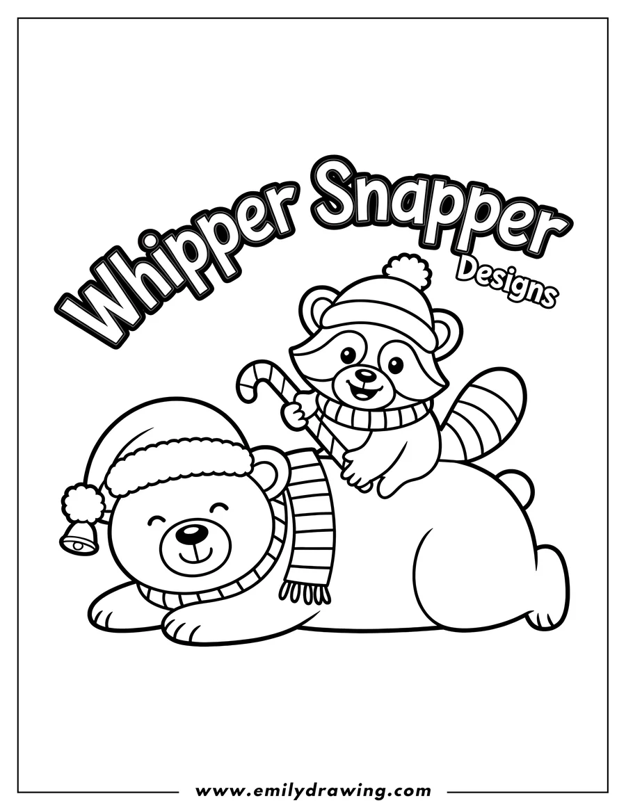 Outline of a polar bear wearing a Santa hat and a striped scarf, lying down while a raccoon wearing a winter hat and scarf sits on its back, holding a candy cane.