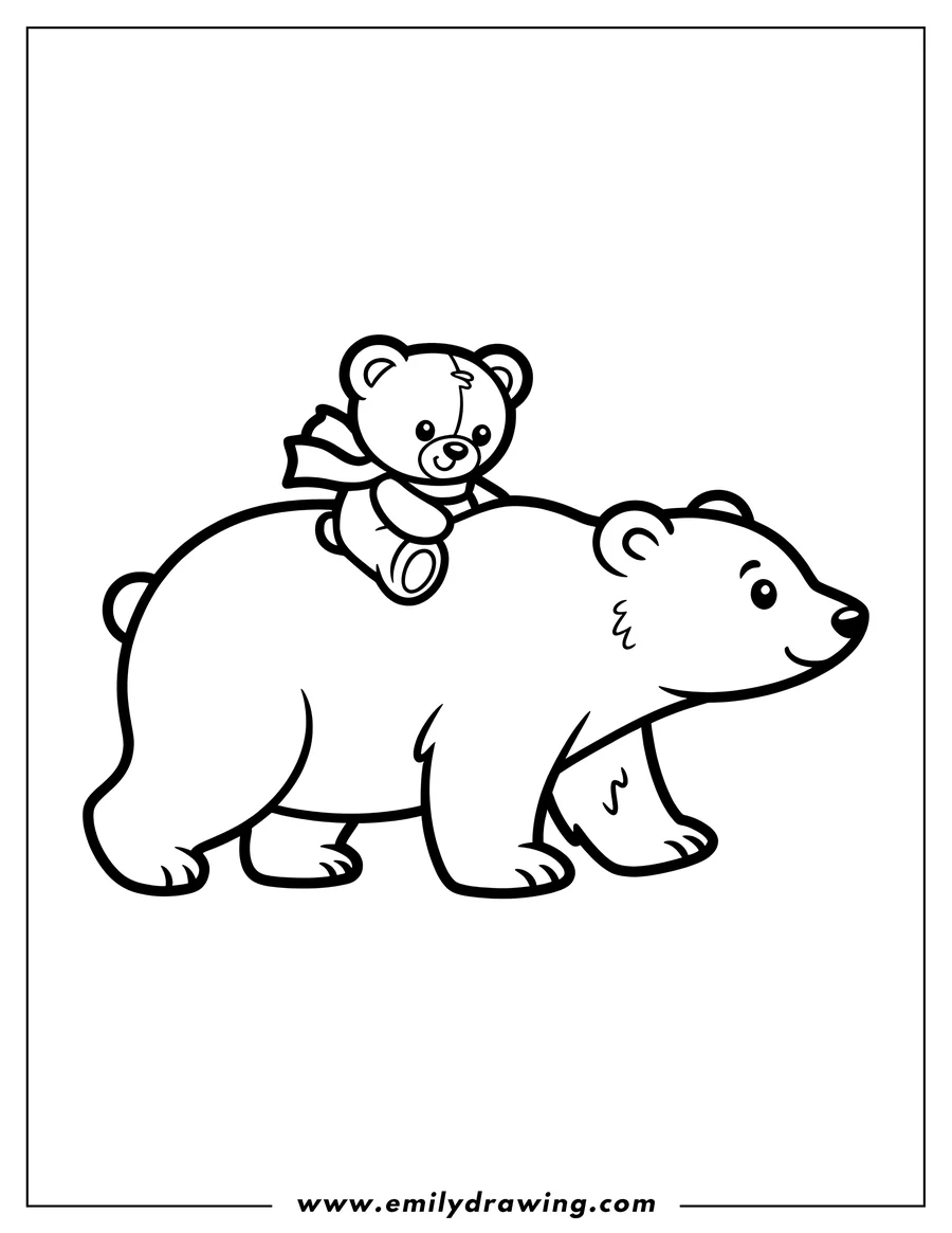 Outline of a polar bear walking with a small teddy bear riding on its back.
