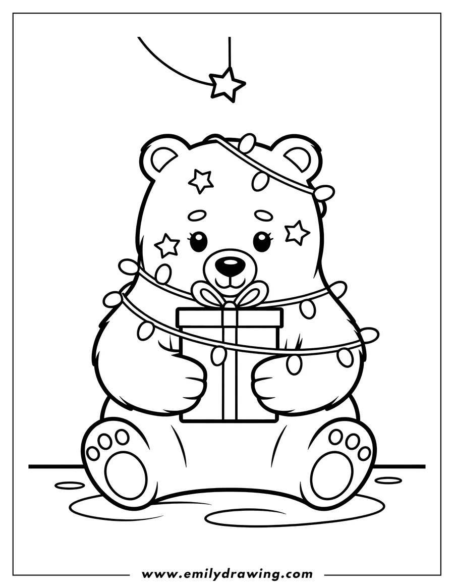 Outline of a polar bear sitting and holding a wrapped Christmas gift. A string of lights is draped over the bear. A star hangs above.