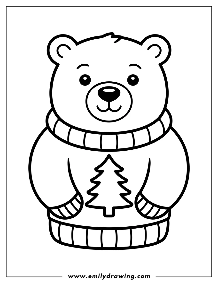 Outline of a polar bear wearing a Christmas sweater with a tree design.