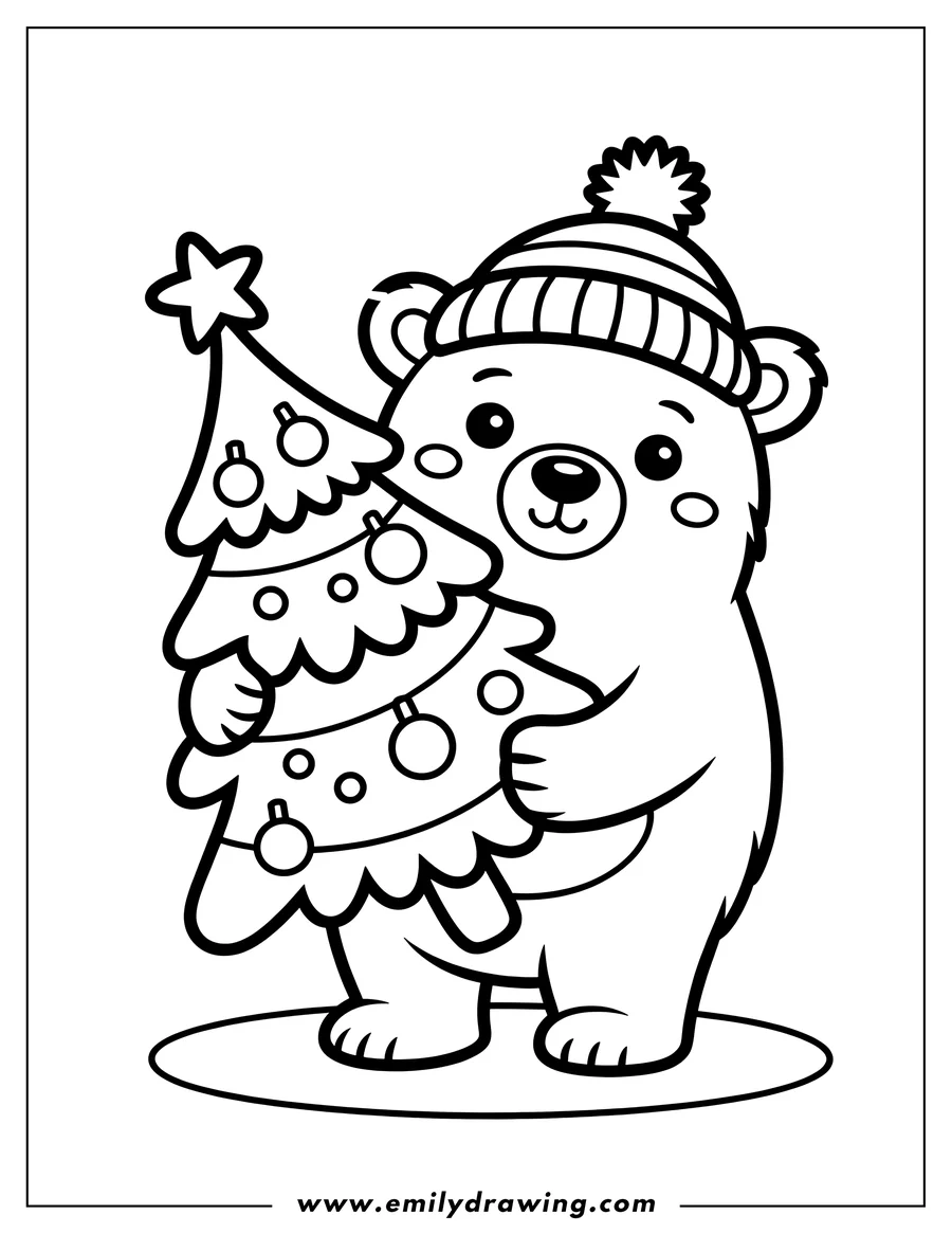 Outline of a polar bear wearing a winter hat and holding a decorated Christmas tree.