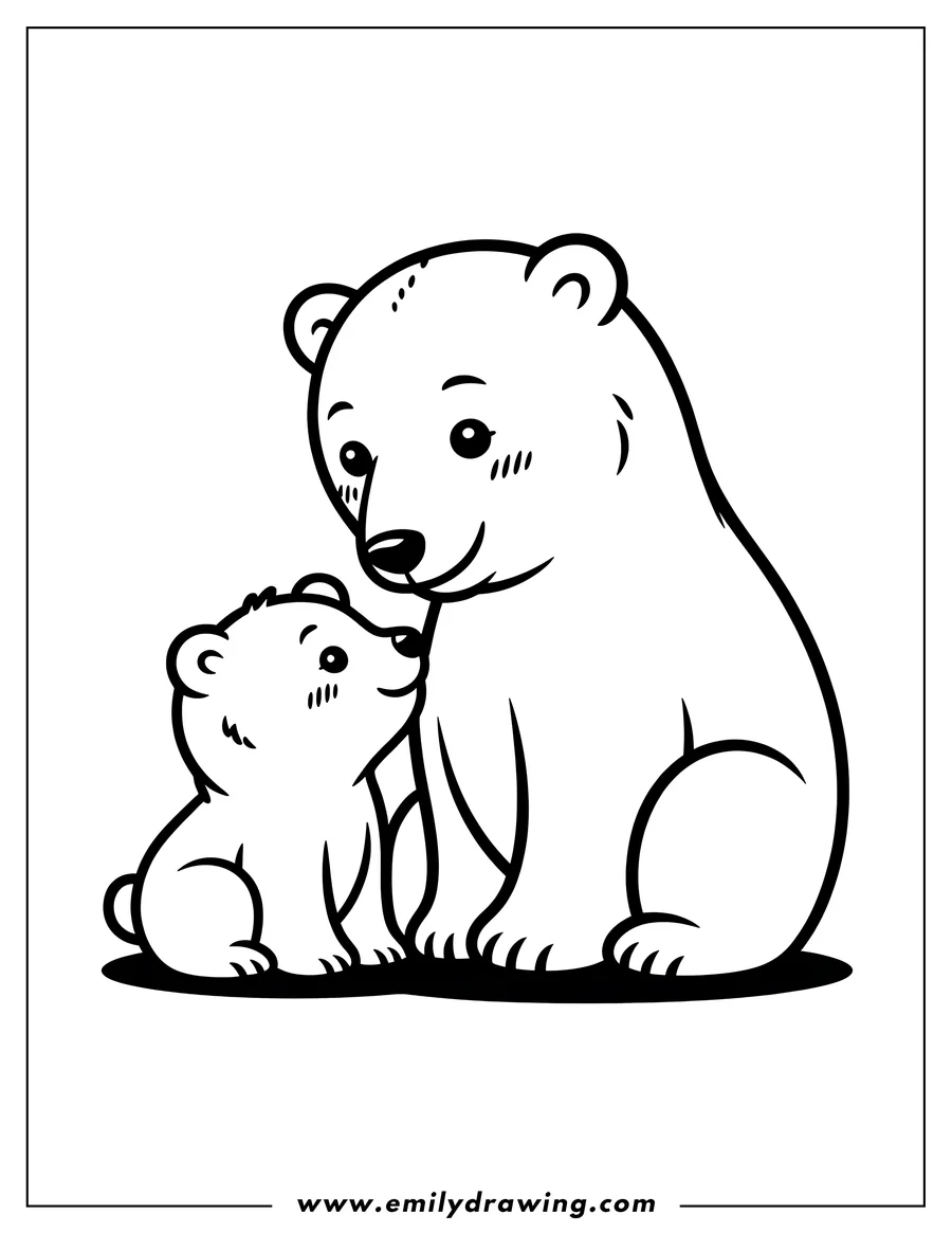 Outline of a mother polar bear and her cub looking at each other.
