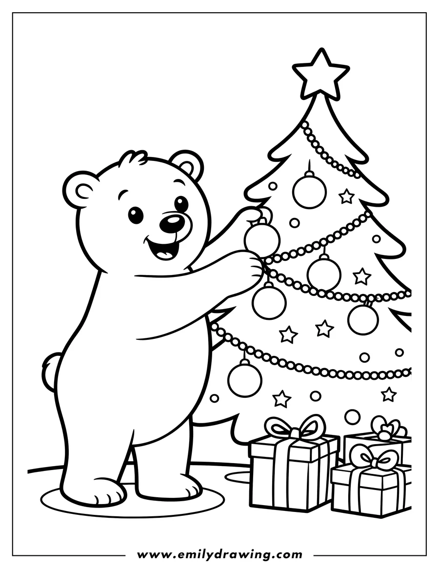 Outline of a polar bear decorating a Christmas tree with ornaments. Presents sit beneath the tree.