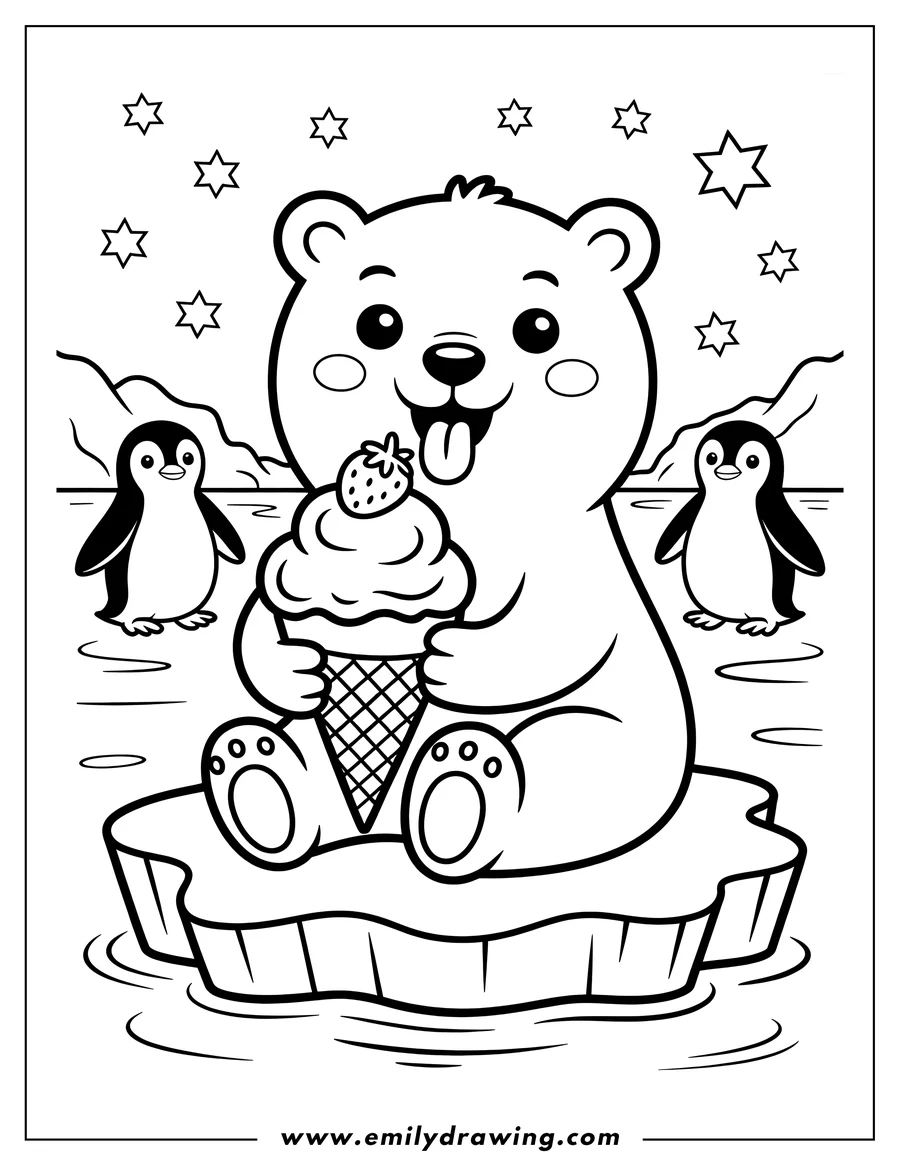 Outline of a polar bear sitting on an ice floe, eating an ice cream cone with a strawberry on top. Two penguins stand nearby in the water.