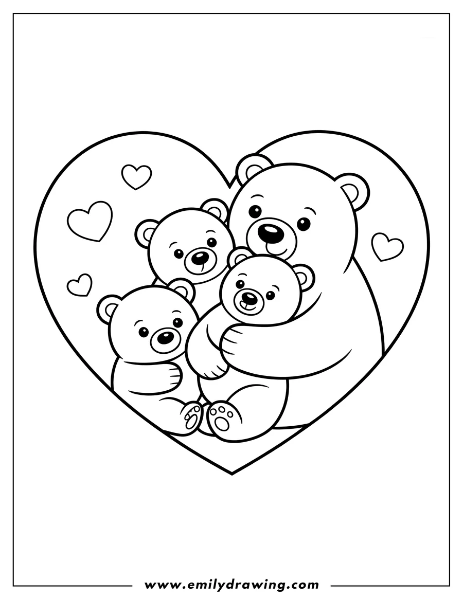 Outline of a polar bear family inside a heart shape. The mother bear holds two cubs close. Small hearts decorate the background.