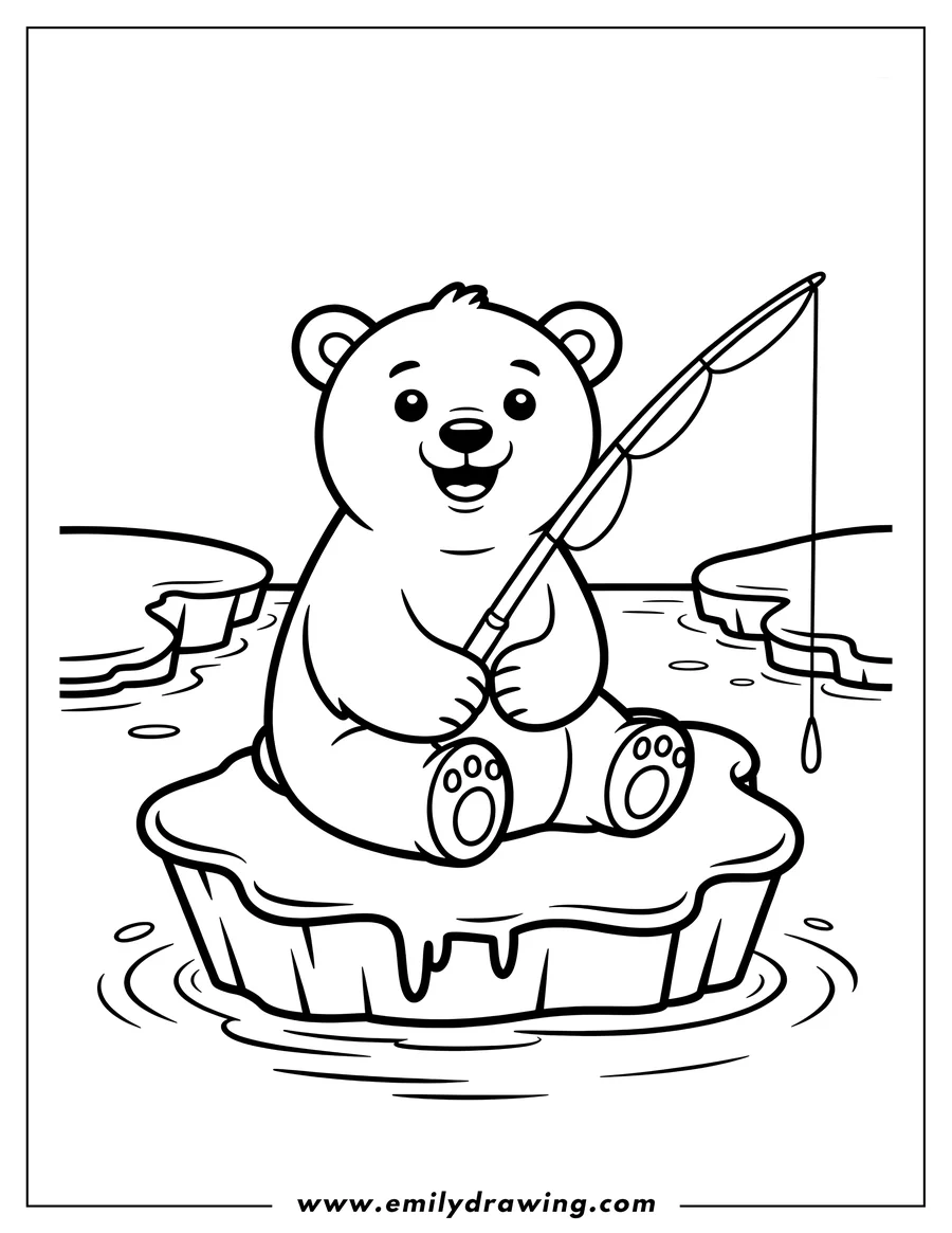 Outline of a polar bear sitting on an ice floe, holding a fishing rod.