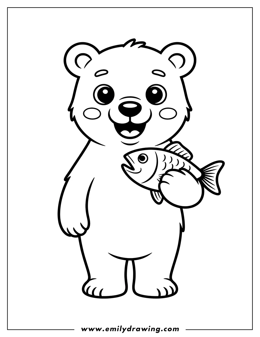 Outline of a polar bear holding a fish. The polar bear looks pleased with its catch.