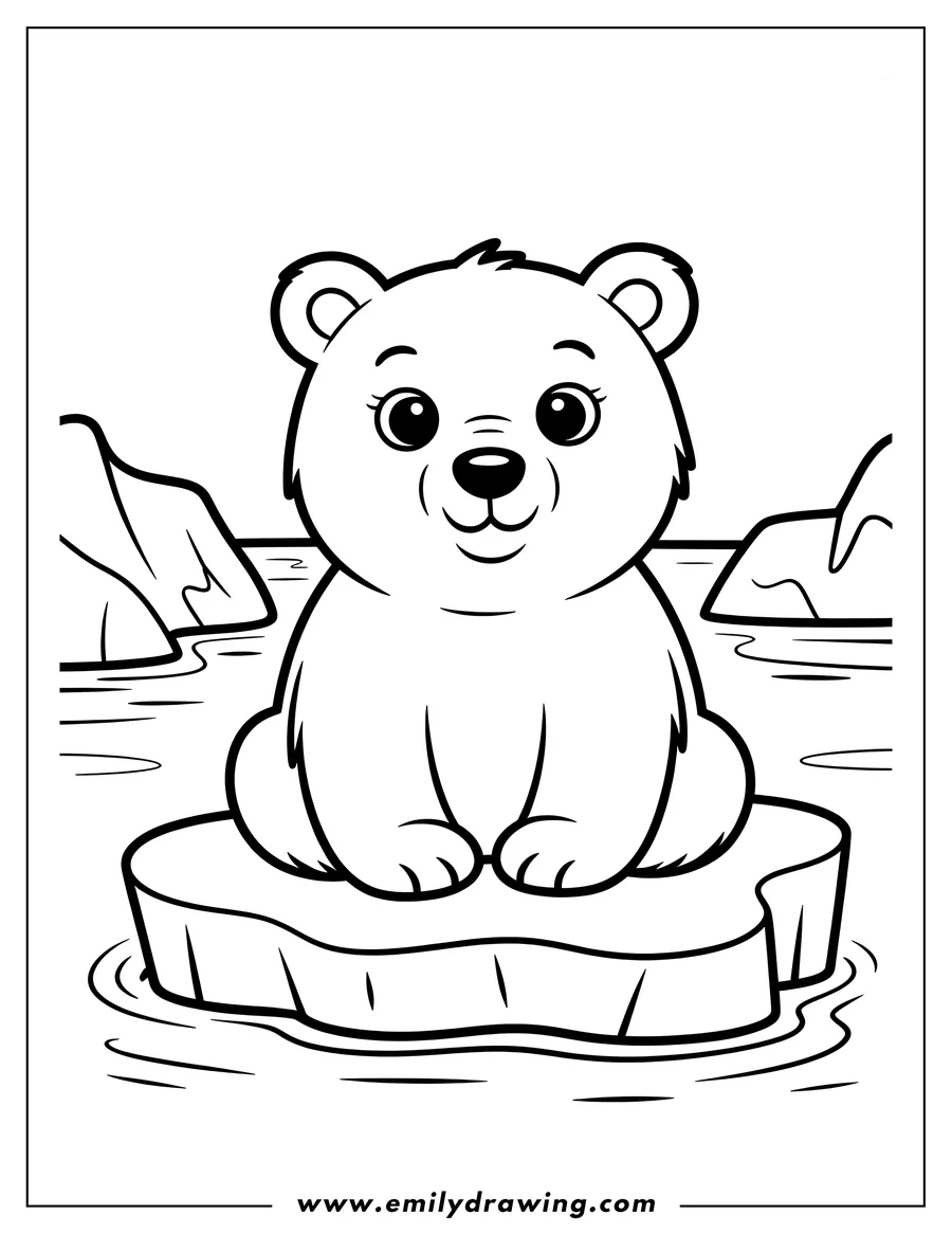 Outline of a polar bear sitting on a small ice floe in the water.