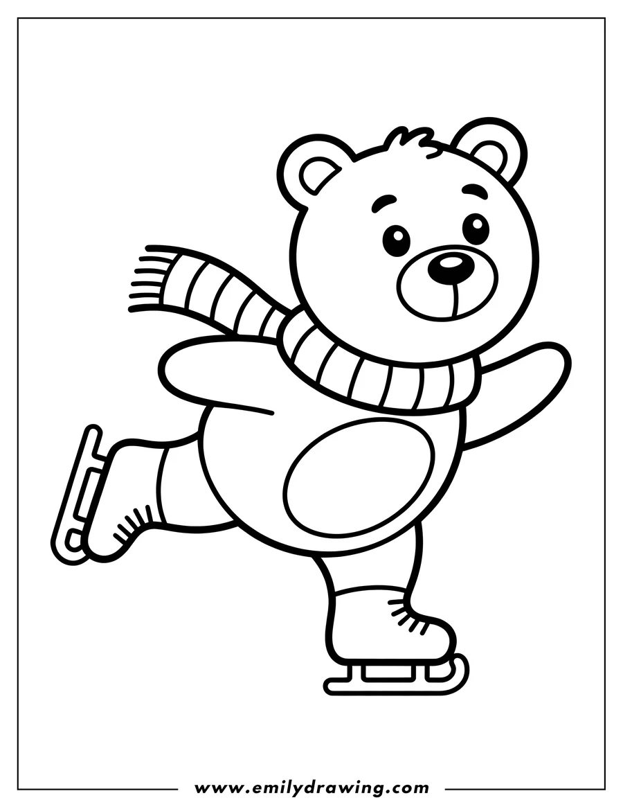 Line art of a polar bear ice skating while wearing a striped scarf.