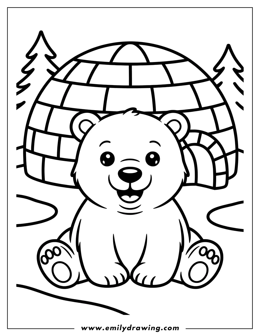 Outline of a polar bear sitting near an igloo with two pine trees in the background.