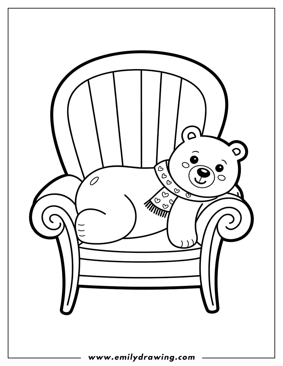 Outline of a polar bear wearing a heart-patterned scarf, relaxing in an armchair.