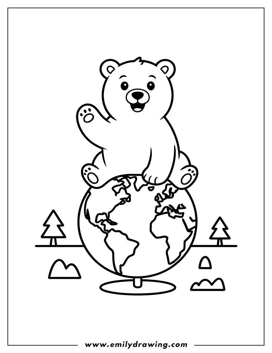 Outline of a polar bear sitting on top of a globe, waving. Two simplified trees and small hills are in the background.