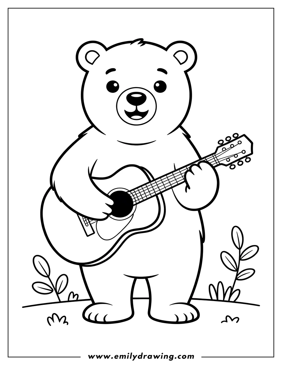 Outline of a polar bear standing and playing an acoustic guitar. Small plants grow at its feet.