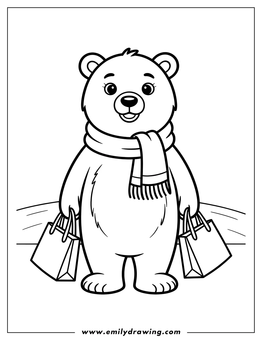 Outline of a polar bear wearing a scarf and holding two shopping bags.