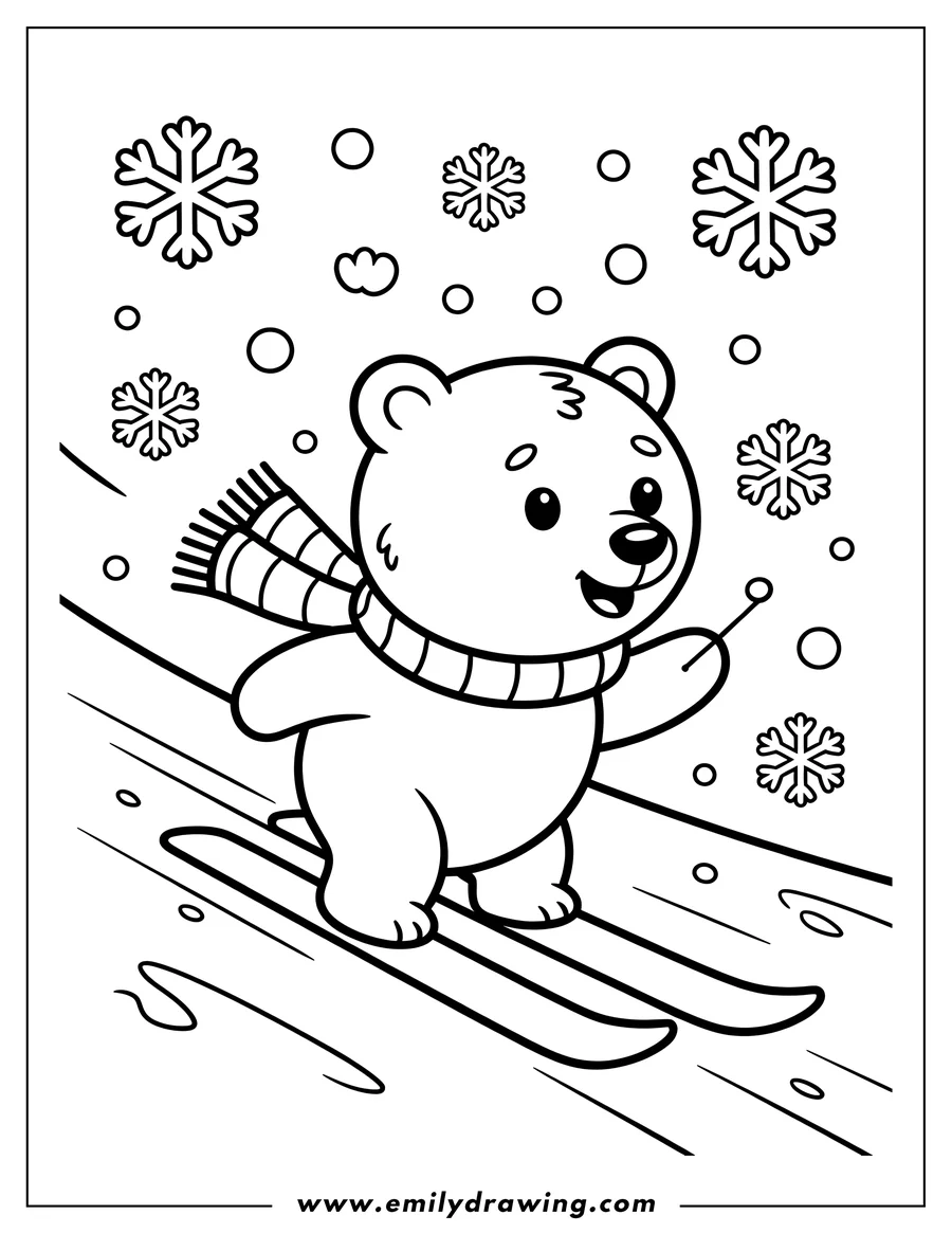 Outline of a polar bear wearing a striped scarf and skiing down a snowy slope. Snowflakes fall around the bear as it glides along.
