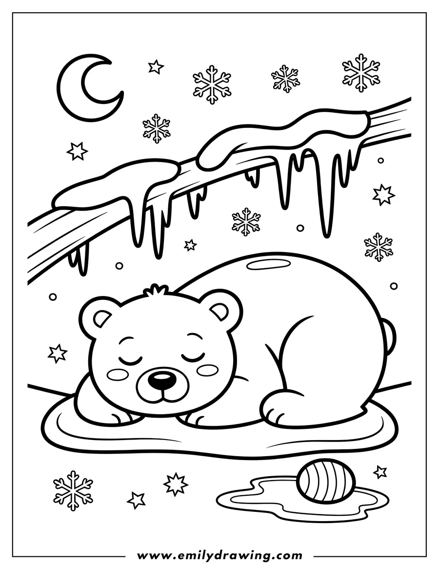 Outline of a polar bear sleeping peacefully near icicles hanging from a snowy branch. Snowflakes and a crescent moon decorate the night sky.