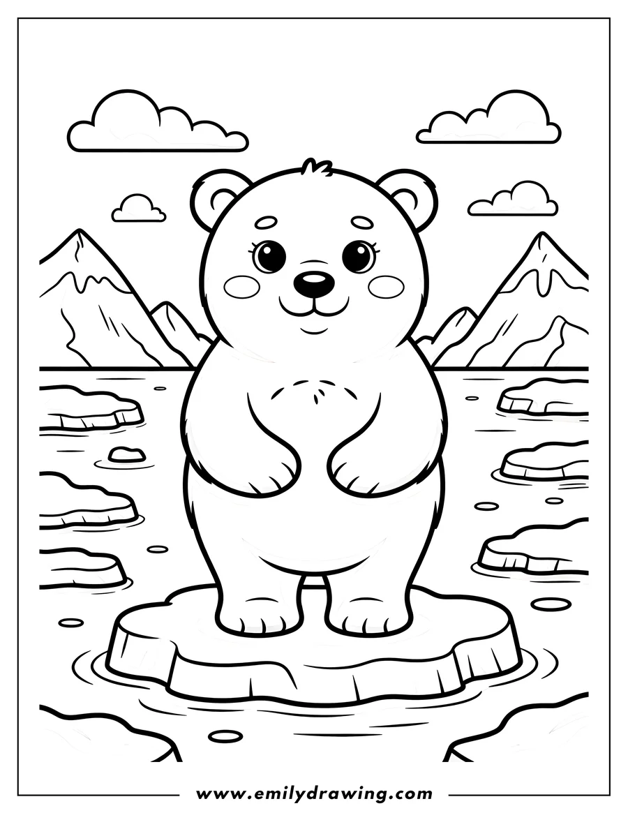 Outline of a polar bear standing on a small ice floe, with other ice chunks and snowy mountains in the background.