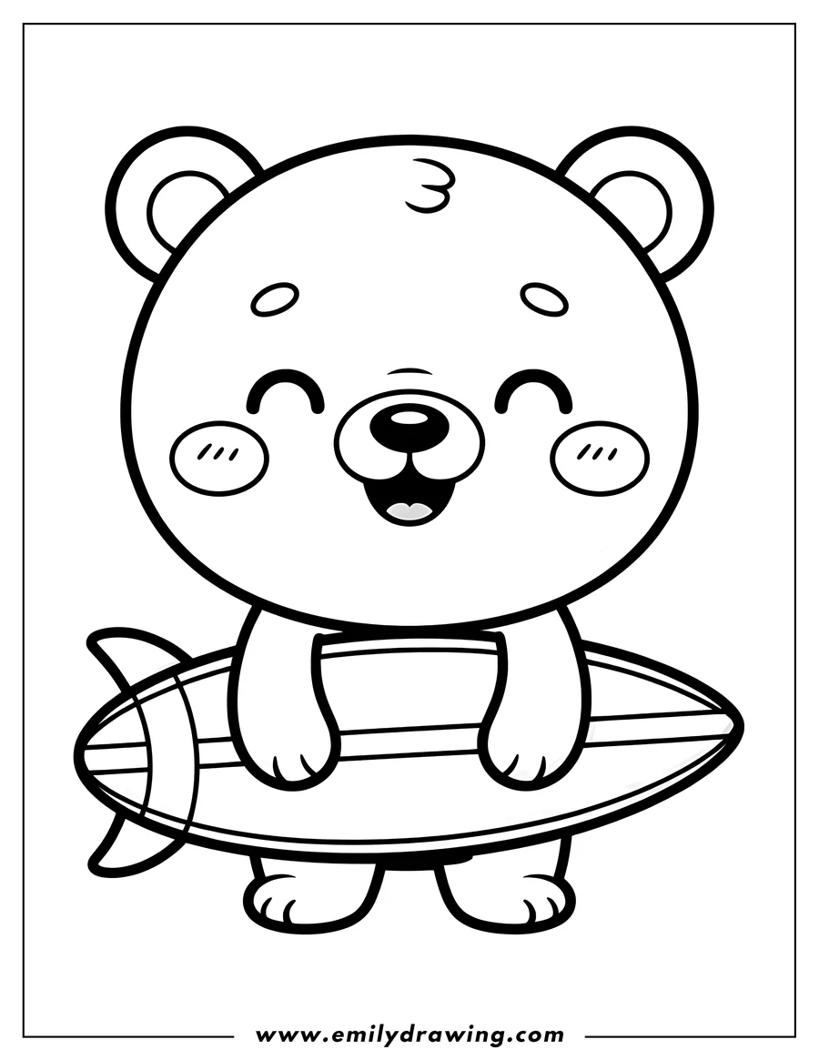 Outline of a smiling polar bear holding a surfboard.