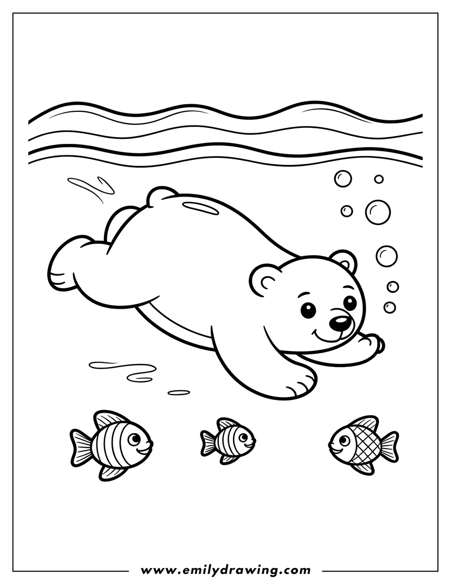 Outline of a polar bear swimming underwater, with three small fish below and bubbles rising to the surface.