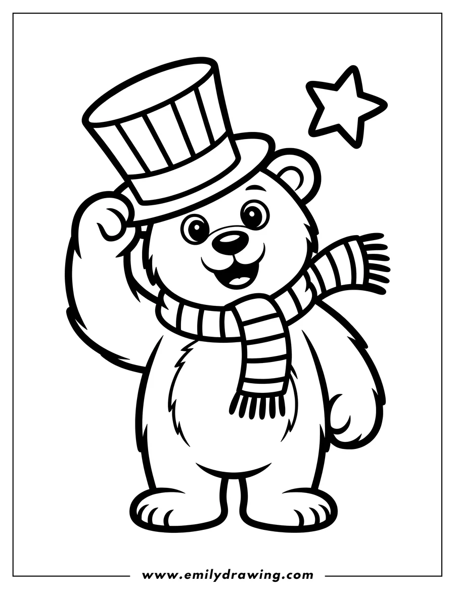 Line art of a polar bear wearing a striped top hat and a striped scarf. The bear is tipping its hat. There is a star near the hat.