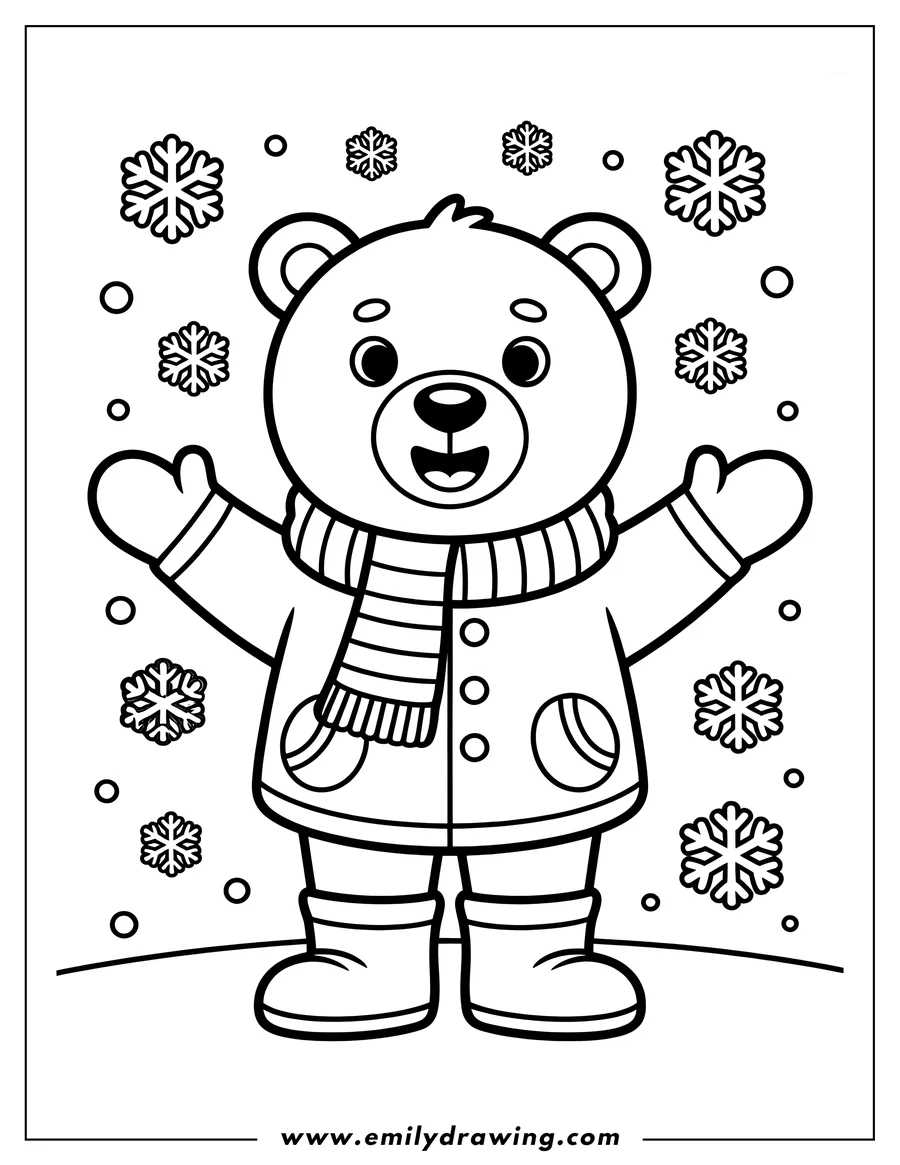 Line art of a polar bear wearing a winter jacket, scarf, and boots, surrounded by falling snowflakes.