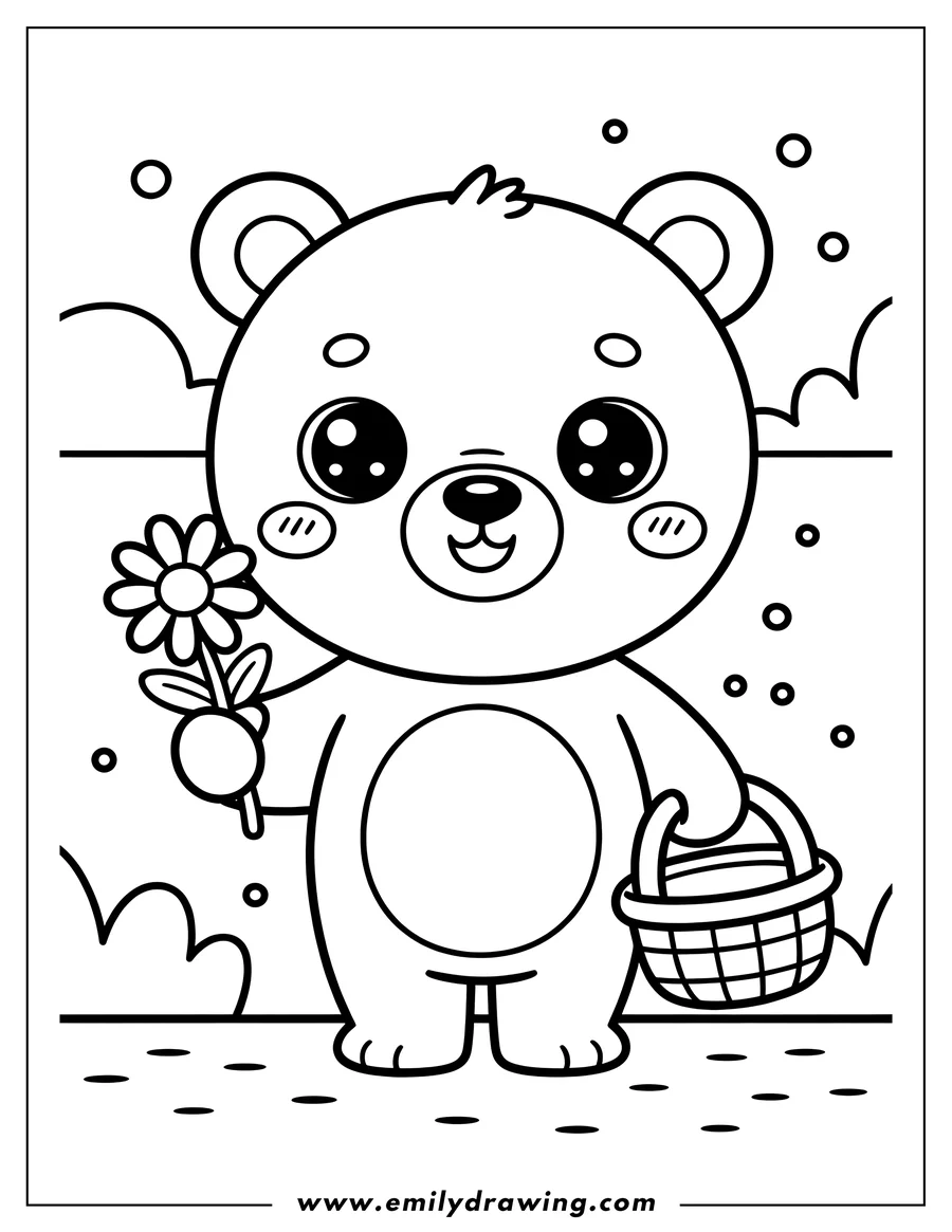 Outline of a polar bear holding a flower and a basket.