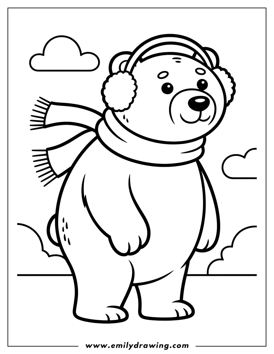 Line art of a polar bear wearing earmuffs and a scarf, ready for the cold weather.