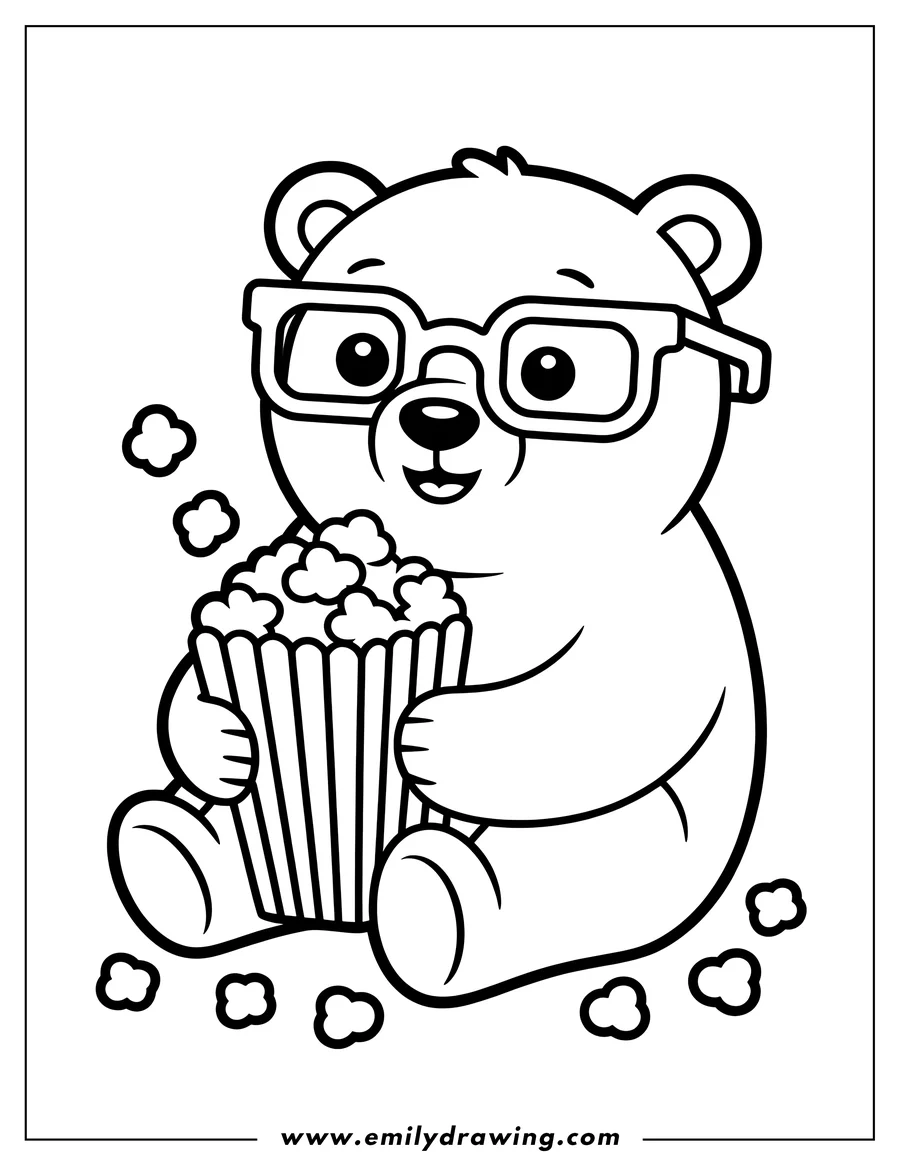 Outline of a polar bear sitting and holding a container of popcorn. The bear is wearing glasses and appears to be enjoying a snack.