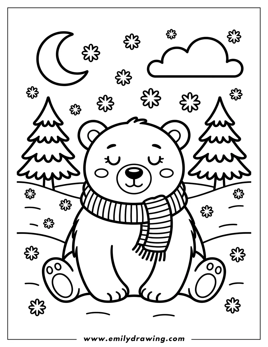Outline of a polar bear wearing a striped scarf, sitting in the snow with trees, a crescent moon, and snowflakes in the background.