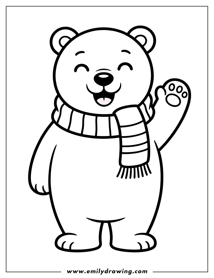 Outline of a friendly polar bear wearing a striped scarf and waving.