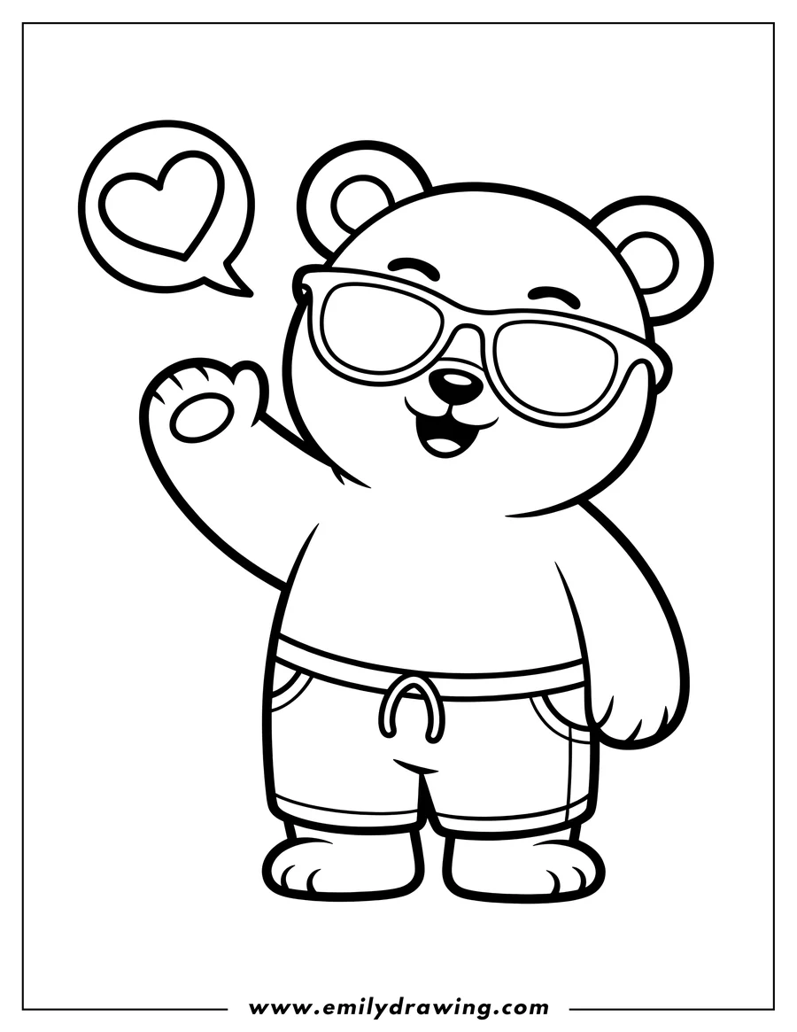 Outline of a friendly polar bear wearing sunglasses and shorts, waving with a heart speech bubble