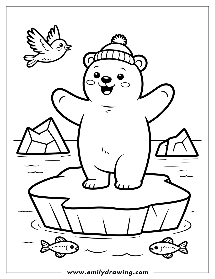 Outline of a polar bear wearing a winter hat, standing on an ice floe with fish swimming below and a bird flying overhead.