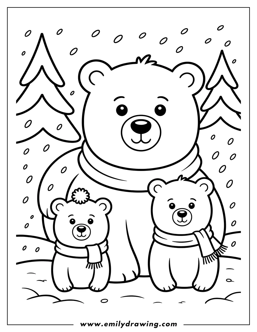 Outline of three polar bears, a mother and two cubs, wearing scarves in a snowy landscape with fir trees.