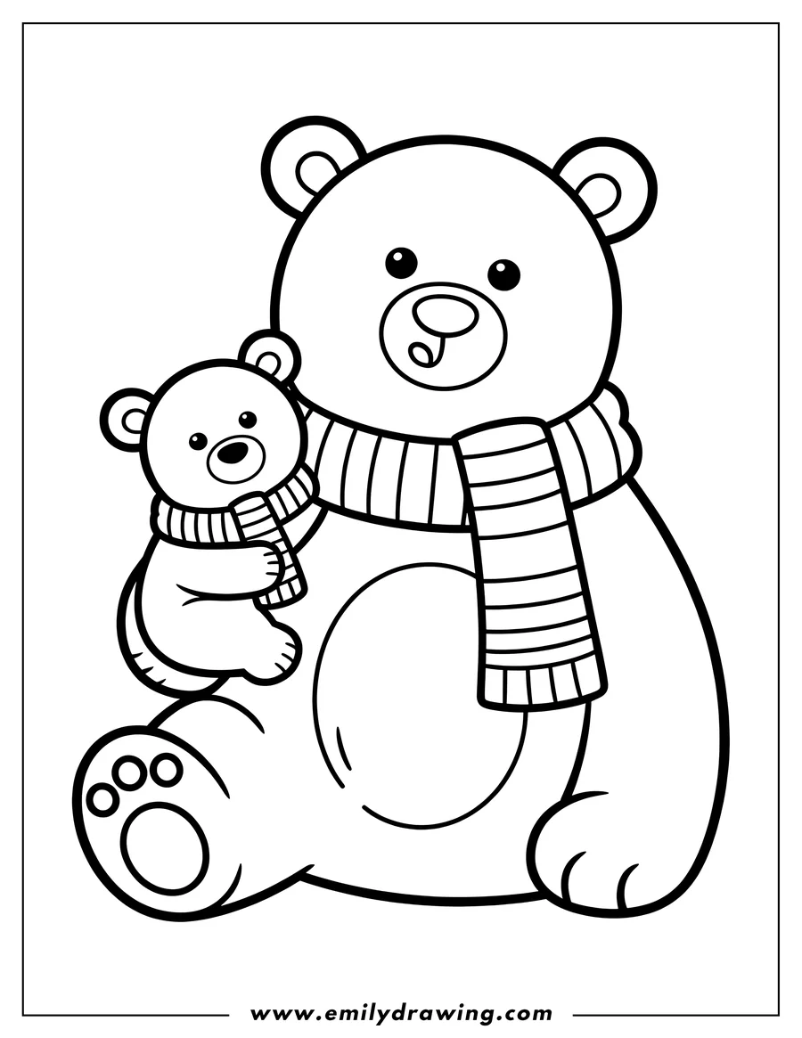 Outline of two polar bears, one large and one small, both wearing striped scarves. The smaller bear is nestled against the larger one.