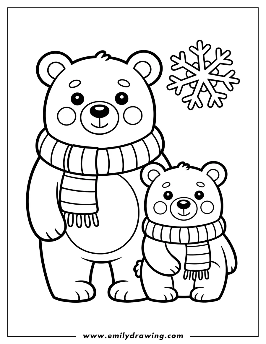 Outline of two polar bears wearing striped scarves, with a snowflake in the background.