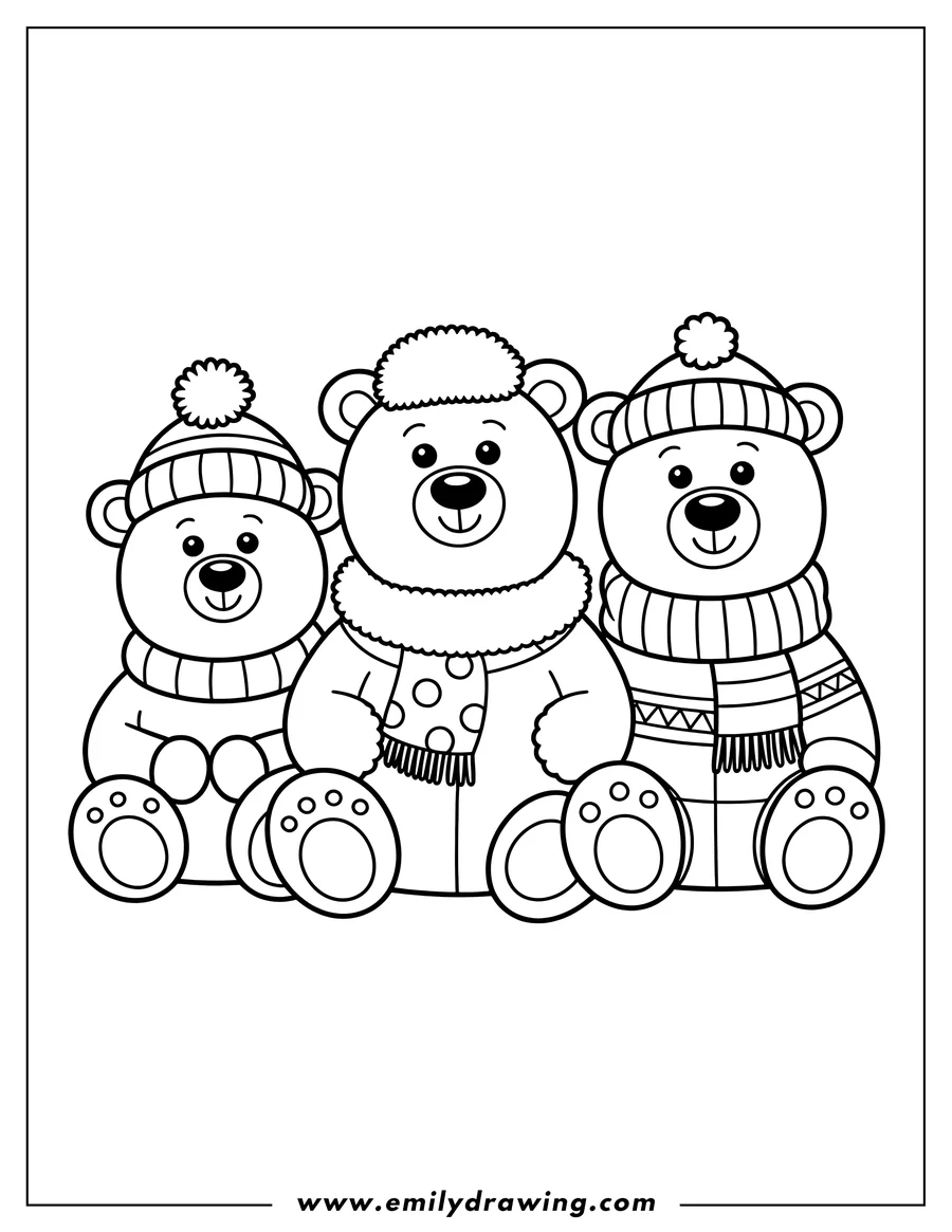 Outline of three polar bears wearing winter hats and scarves. They look warm and ready for the cold weather.