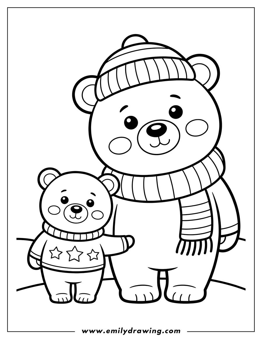 Outline of two polar bears dressed in warm winter clothes. The larger bear wears a striped hat and scarf, while the smaller bear wears a sweater decorated with stars. They stand together in the snow.