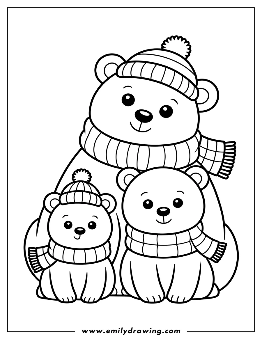 Outline of three polar bears wearing winter scarves and hats.