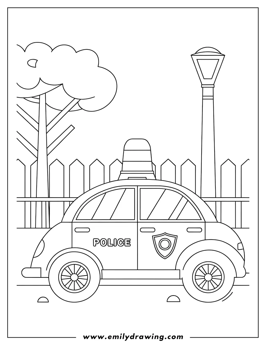 Outline of a police car parked by a fence near a streetlight. A tree and part of a house are visible in the background.
